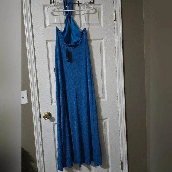 NWT Lulus Stunning Attitude Blue Keyhole Halter Neck Maxi Dress, Stretchy Knit. - Picture 8 of 15